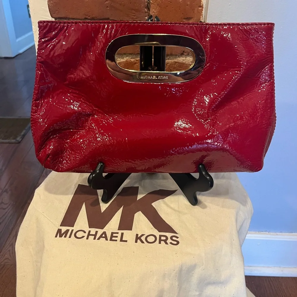 Michael Kors Vintage Red Patent Leather Purse Bag Clutch Gold Accents Rare